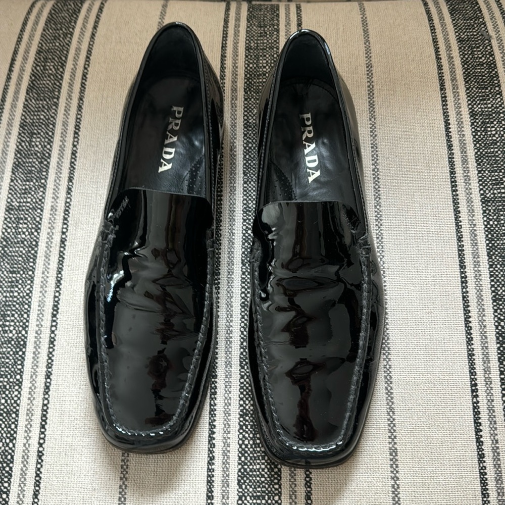 PRADA Patent leather slide ons